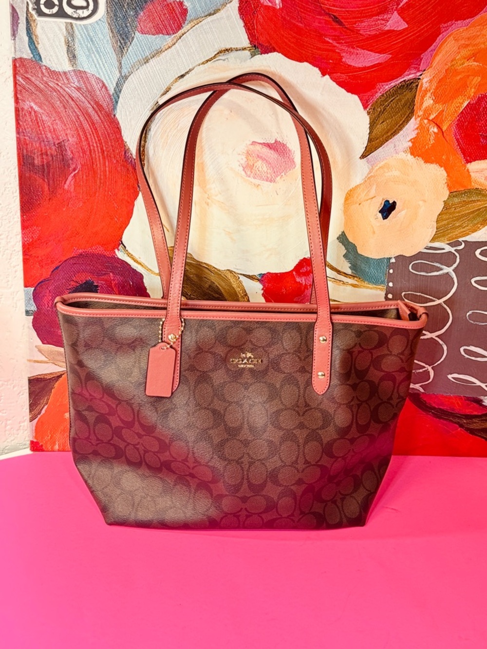 Coach Brown Signature Tote with Pink Trim